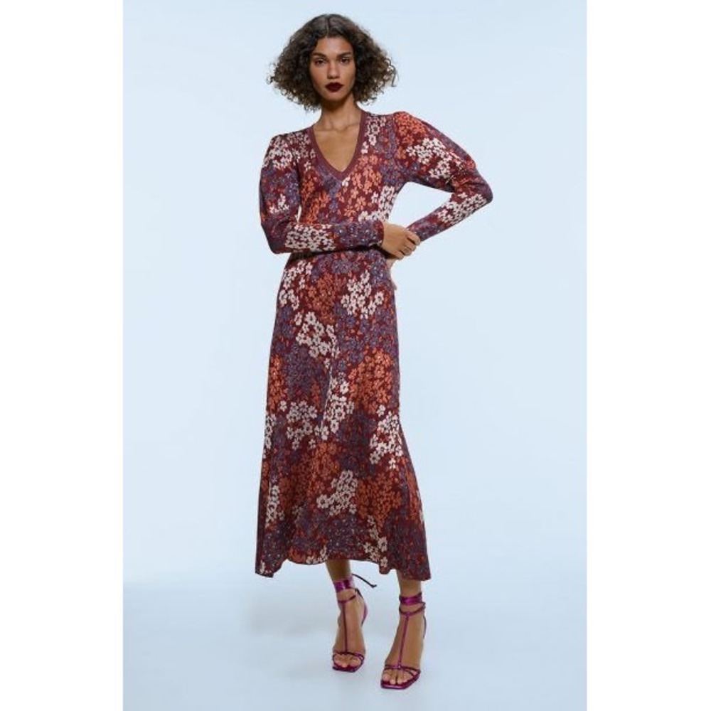 Zara Womens Dark Floral Jacquard Knit Midi Boho Dress Long Sleeve Size S Cottage